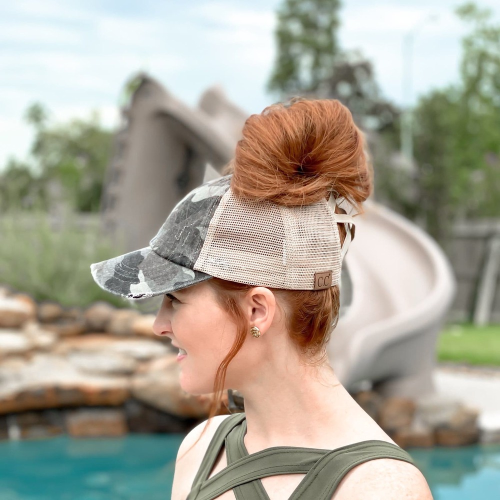 Distressed GRAY Camo Criss-Cross High Pony Ball Cap - Picture 2 of 5